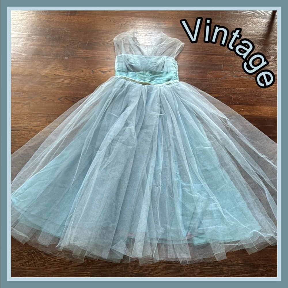 Vintage Blue Dress W/Detachable Net Skirt Sleeveless Zippered Sz S